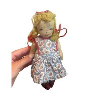 Vintage 1950-60's Handmade 9" Cloth Doll W/ Yarn Hair & Dress
